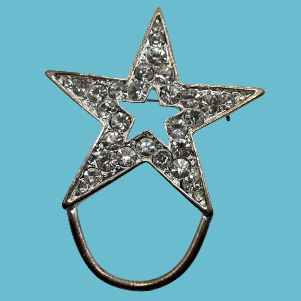 Vintage Silver Rhinestone Star Brooch Lonestar Dangle Charm Loop